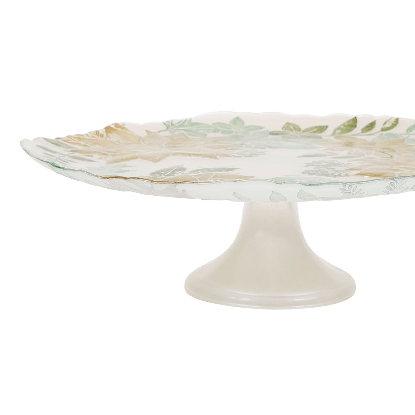 Stemmed cake dish with green and gold pattern