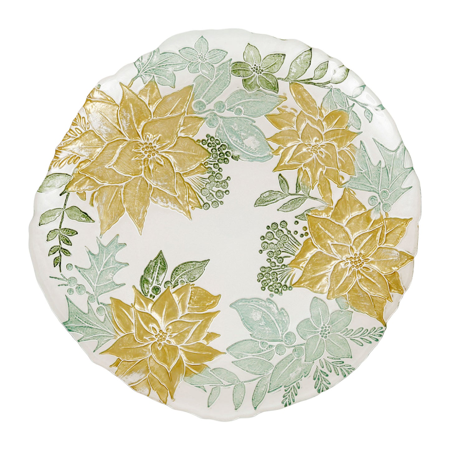 Stemmed cake dish with green and gold pattern