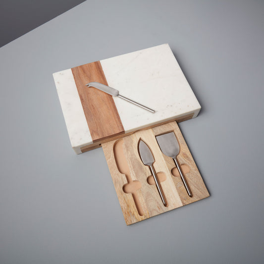White marble & wood chopping board with built in cheese set drawer