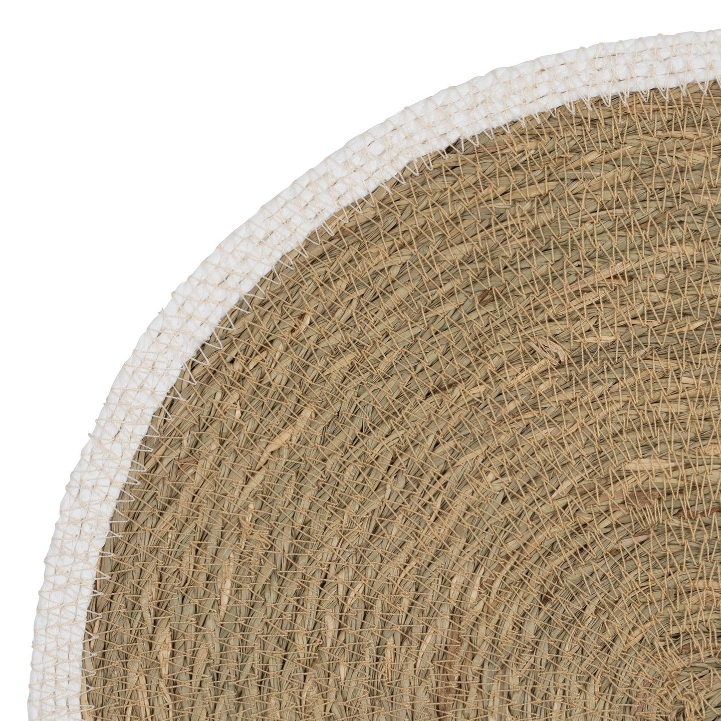 Decorative bordered round woven seagrass placemat