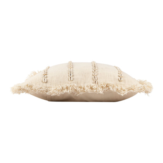 Fringed cotton & decorative shell striped cushion, 45x45cm