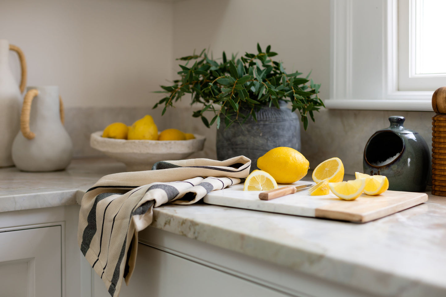 White marble & wood rectangular cutting board with cord