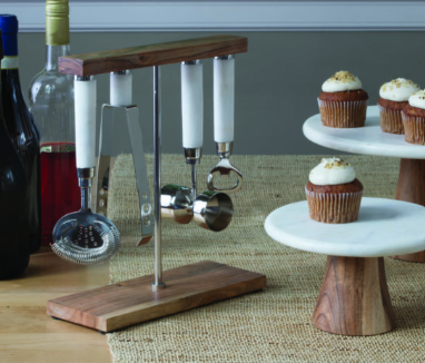 Large white marble & wood cake stand