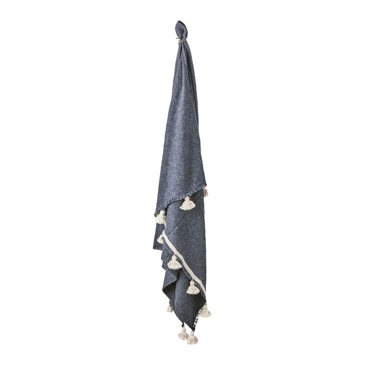 Tasselled cotton throw, 180x130, midnight blue