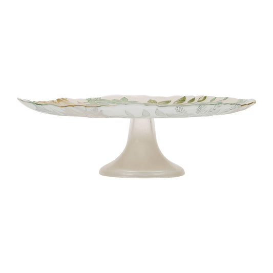 Stemmed cake dish with green and gold pattern
