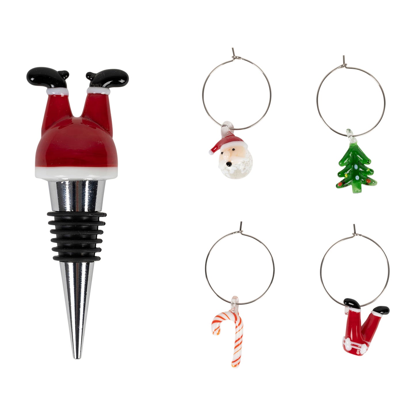 Set of Christmas wine glass charms and bottle stopper