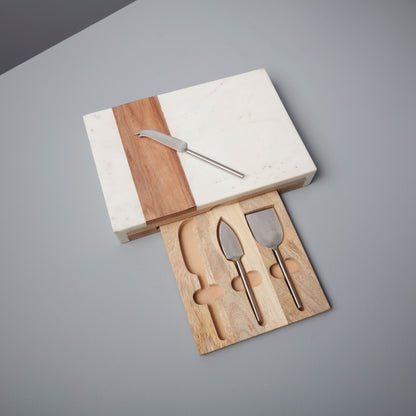 White marble & wood chopping board with built in cheese set drawer