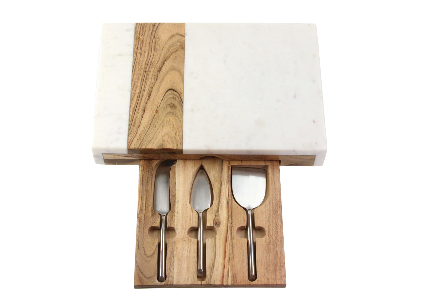 White marble & wood chopping board with built in cheese set drawer