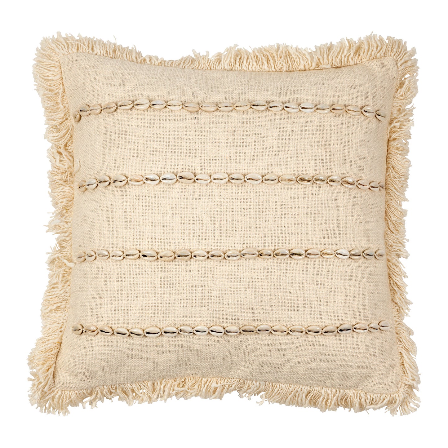 Fringed cotton & decorative shell striped cushion, 45x45cm