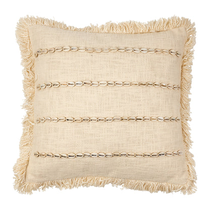 Fringed cotton & decorative shell striped cushion, 45x45cm