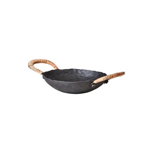 Iron dish with rattan handles