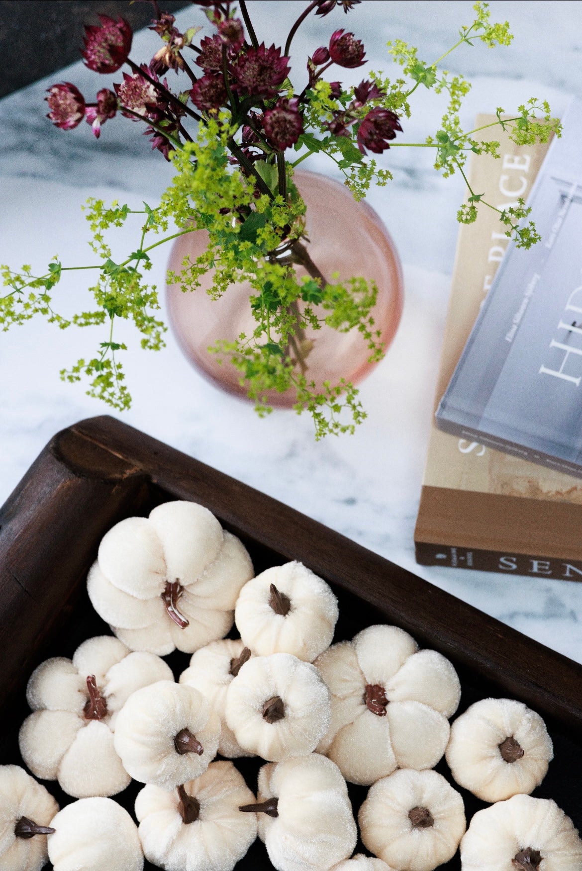 Set of three white velvet pumpkins