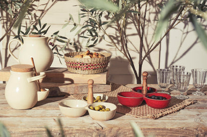 Stoneware condiment bowls with wood handle