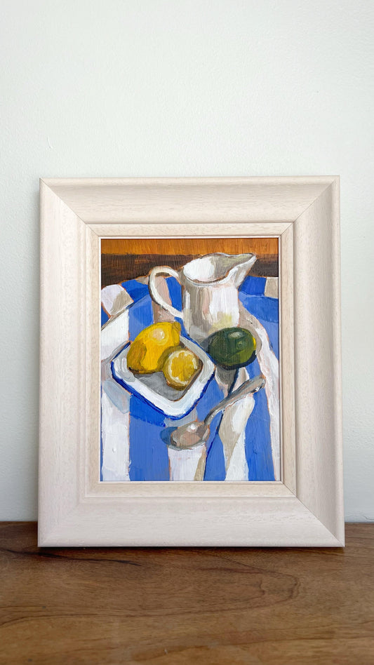 Blue and white tablecloth framed acrylic