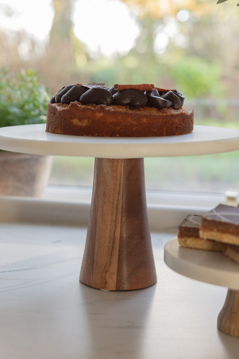 Large white marble & wood cake stand