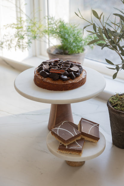 Large white marble & wood cake stand