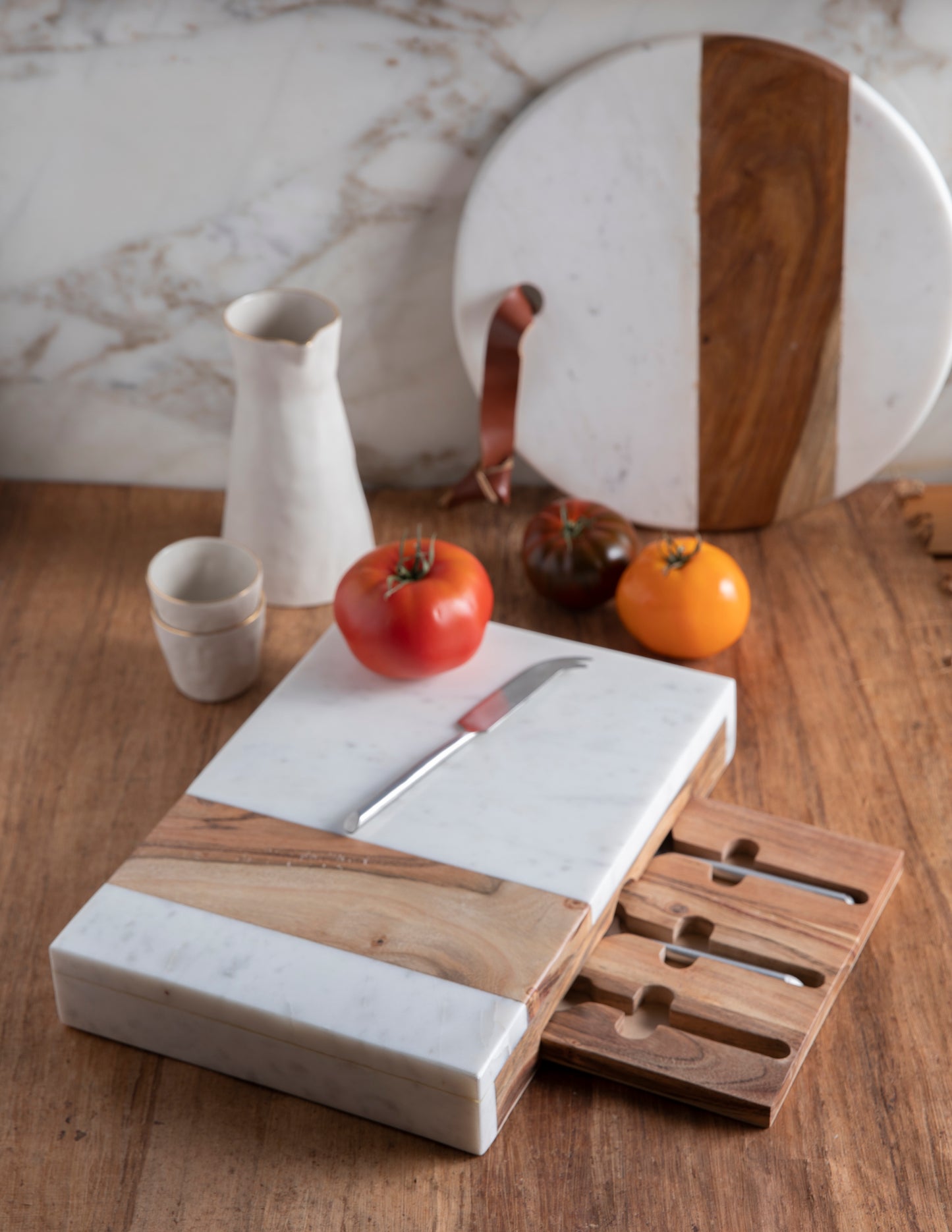 White marble & wood chopping board with built in cheese set drawer