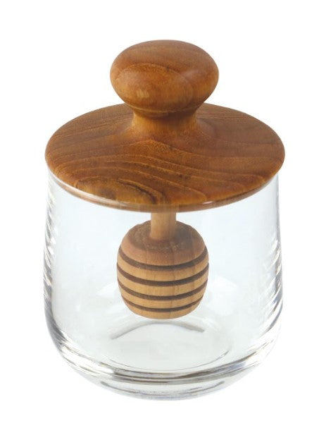 Teak & glass honey jar, small