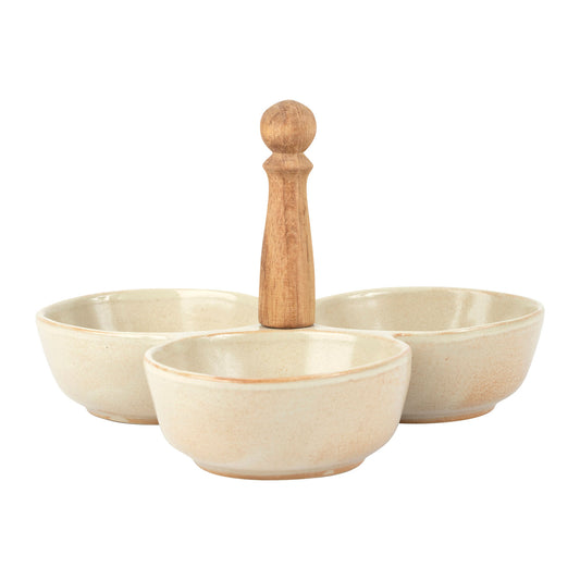Stoneware condiment bowls with wood handle
