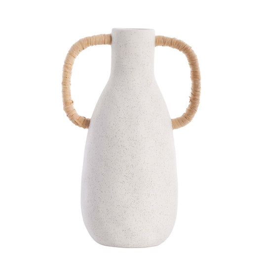Large white ceramic vase with woven handles