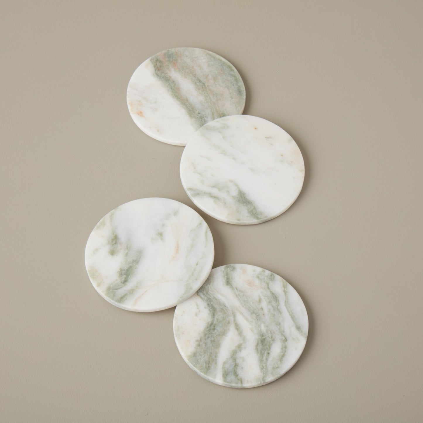 Pale green marble circular coasters, set of 4
