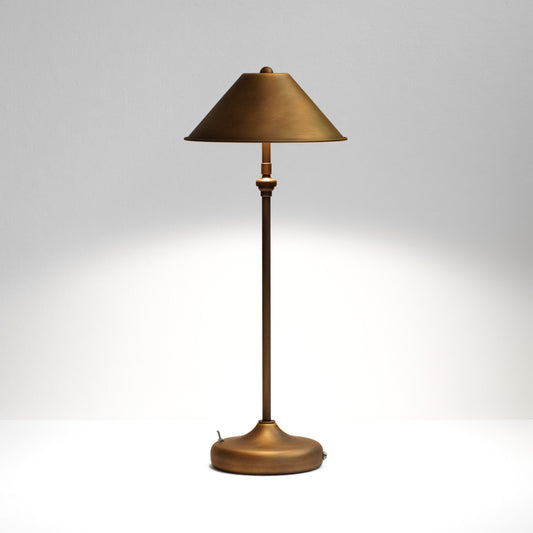 Aged brass cordless curved base lamp with round shade, 45cm