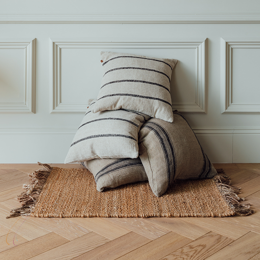 Striped neutral linen cushion, 50x50