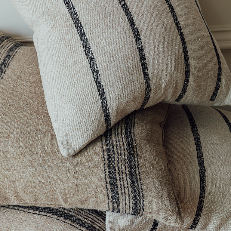 Striped neutral linen cushion, 50x50