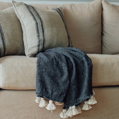 Tasselled cotton throw, 180x130, midnight blue