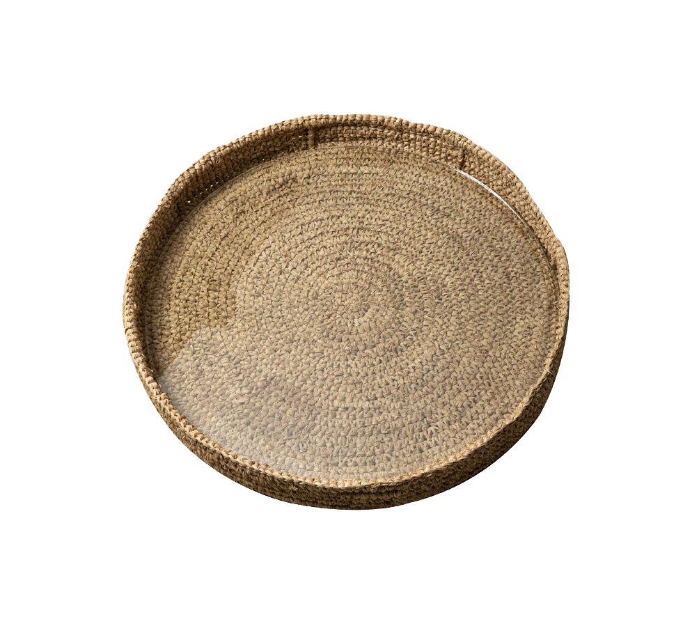 Circular raffia & glass tray