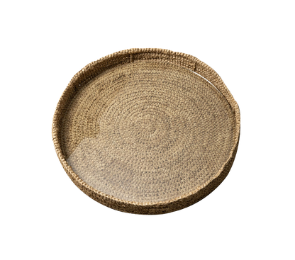 Circular raffia & glass tray