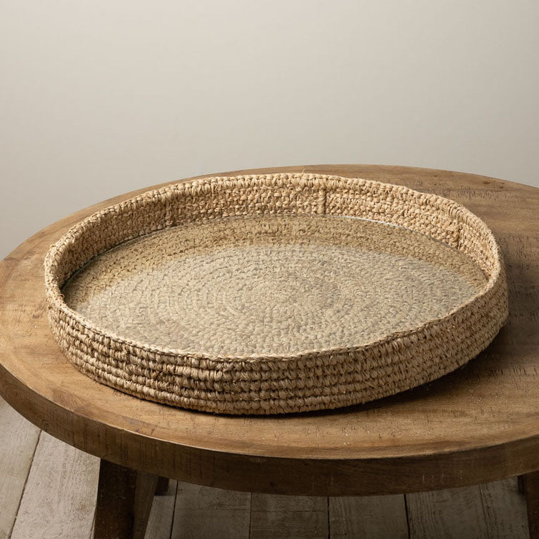 Circular raffia & glass tray