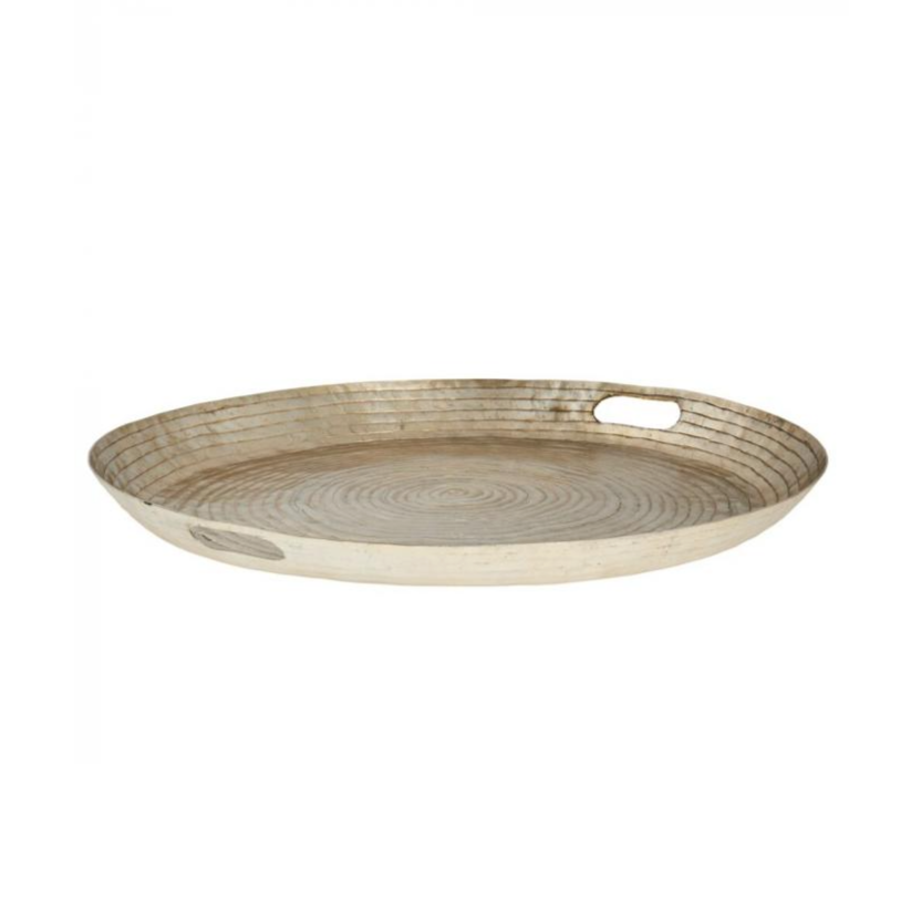 Large round decorative hammered gold tray